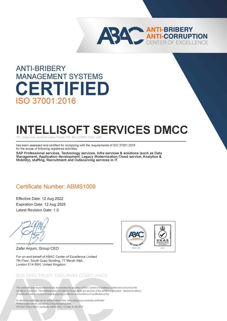 ISO 37001 certification: INTELLISOFT SERVICES DMCC UKAS Certificate UK Entity - ABMS1009